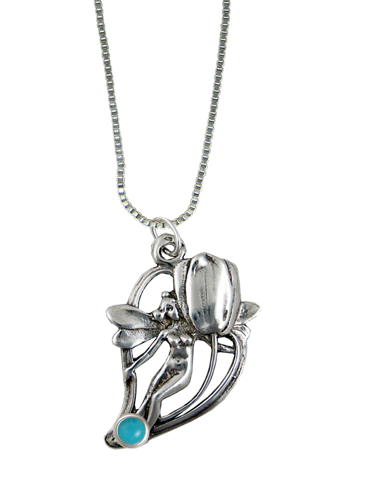 Sterling Silver Shy Flower Fairy Pendant With Turquoise